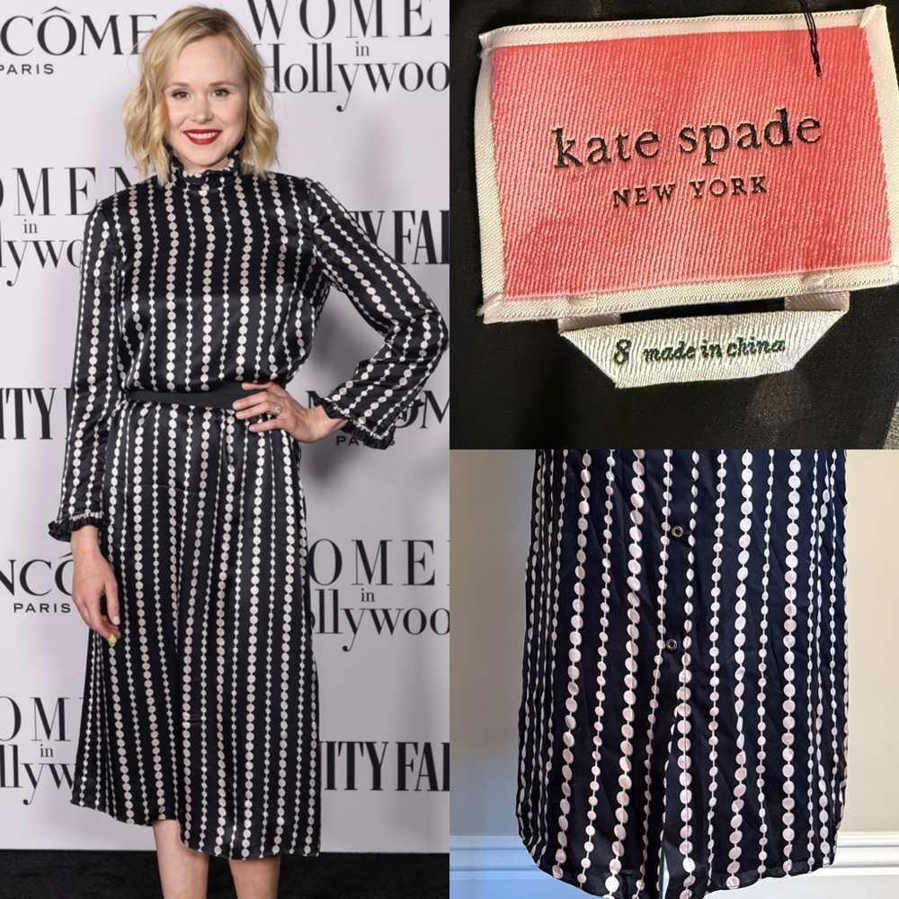 Kate Spade 8 Silk Midi High Neck Dress, Pearl Drop black button-up back office